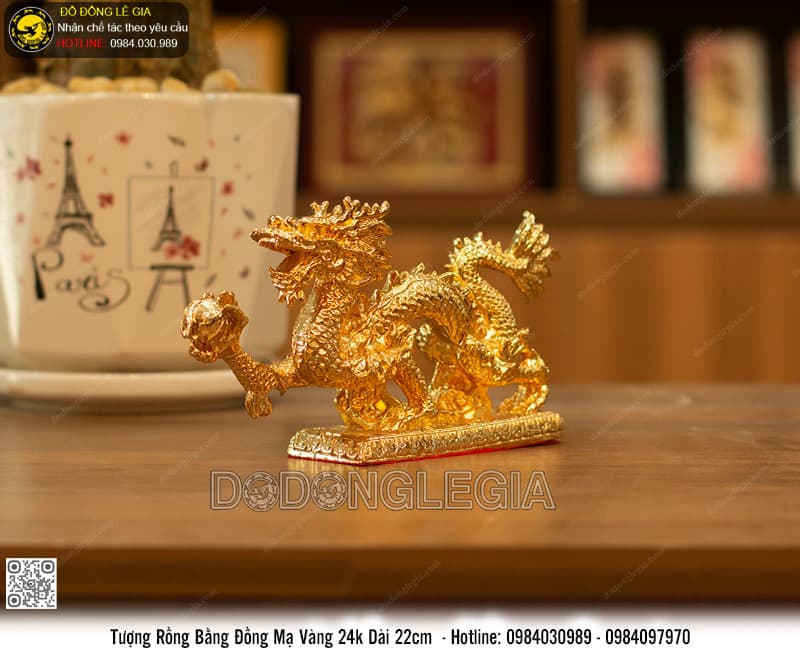 Tượng Rồng bằng đồng mạ vàng 24k dài 22cm