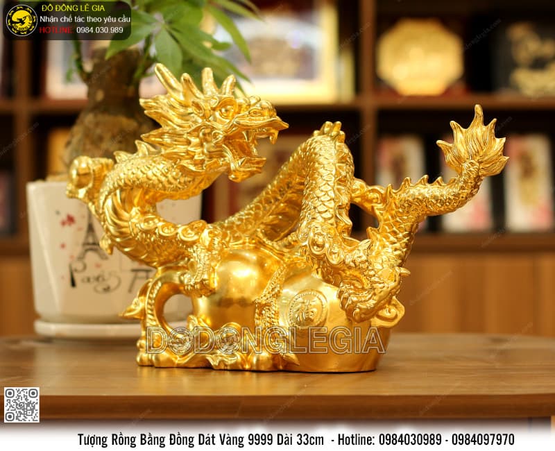 Tượng Rồng Phun Ngọc Cưỡi Hồ Lô dát vàng 9999 dài 33cm