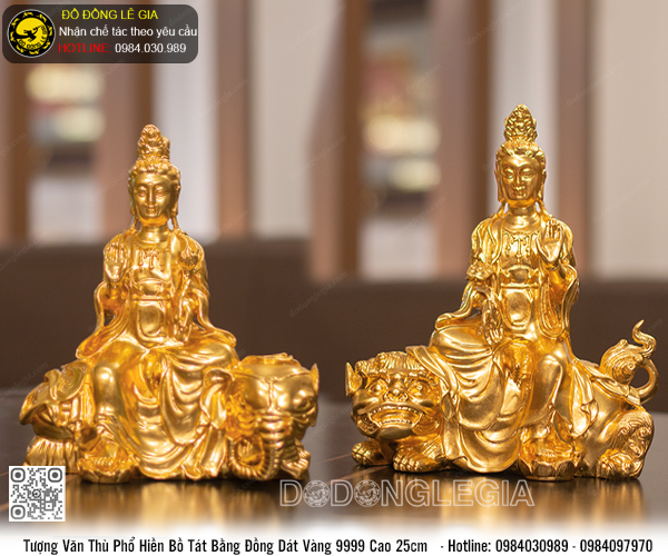 Tượng Phật Văn Thù Phổ Hiền cao 25cm thếp vàng 9999