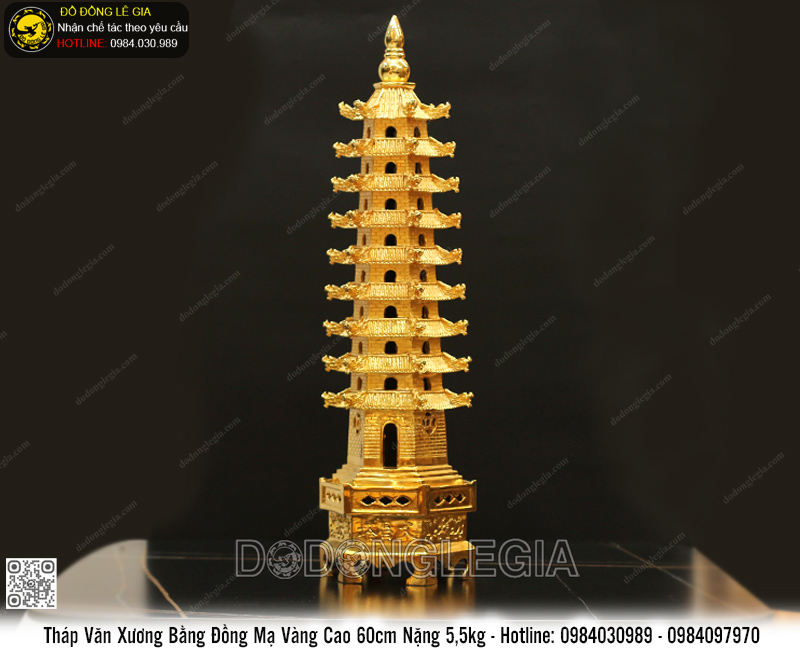 Tháp Văn Xương 9 Tầng Bằng Đồng Cao 60cm Mạ Vàng 24k, Nặng 5,5kg
