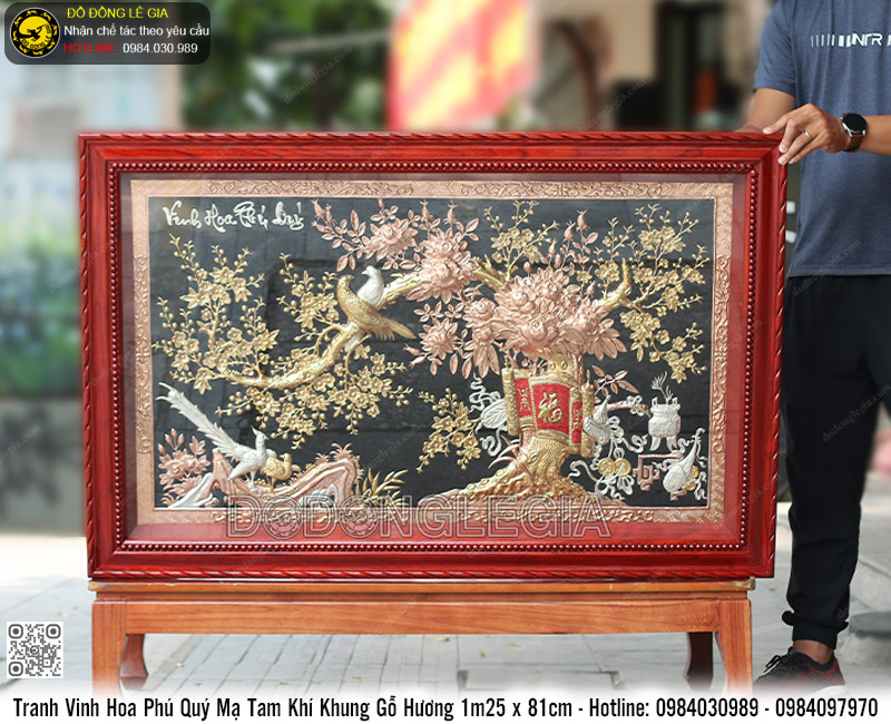 Tranh Vinh Hoa Phú Quý Mạ Tam Khí Khung Gỗ Hương 1m25,5 x 81,5cm
