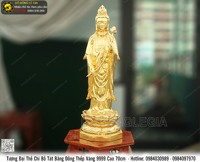 Tượng Phật Đại Thế Chí bằng đồng đỏ dát vàng 9999 cao 70cm