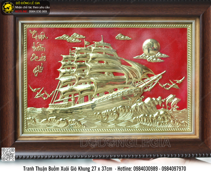 Tranh Thuận Buồm Xuôi Gió Bằng Đồng nền đỏ 27 x 37cm