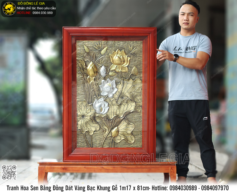 Tranh Hoa Sen Bằng Đồng Dát Vàng Bạc Khung Gỗ 1m17 x 81cm